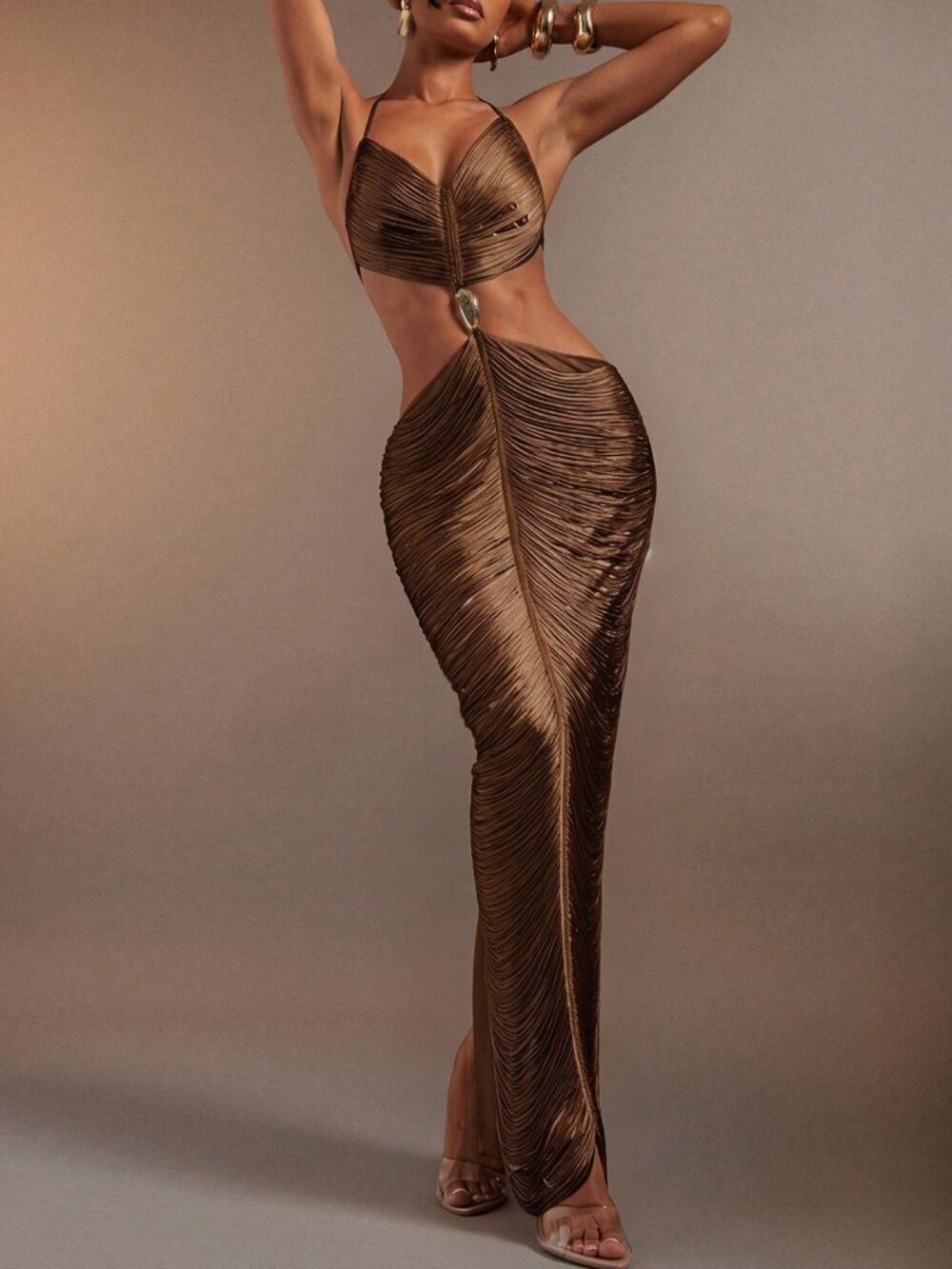 Brown Sexy Women's Hanging Tassels Fringe Halter Deep Neck Backless Dress